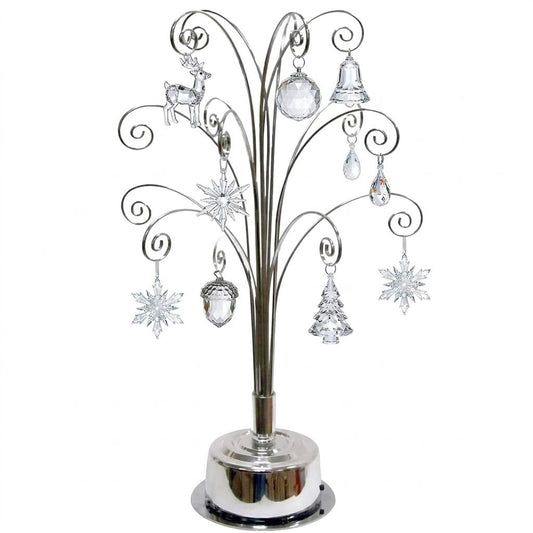 HOHIYA Ornament Display Stand 360° Rotating Christmas Tree Display with 15 Metal Hooks Tabletop Ornament Hanger for Crystal Glass Baubles Elegant Chrome Silver Eater Decor