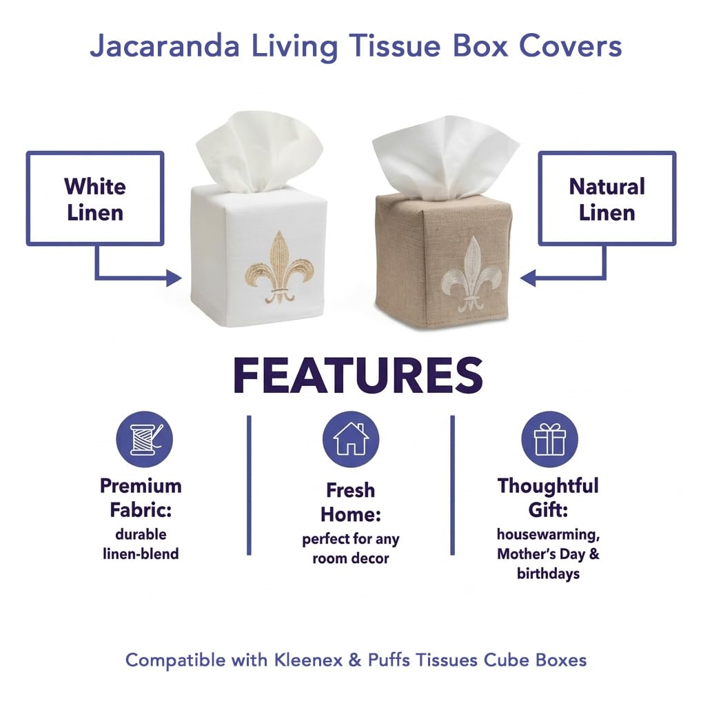 Jacaranda Living Square Tissue Box Cover, Linen/Cotton Fabric Tissue Holder, Decorative Cloth Tissue Cube Cover Tissue Box Cover, Natural Linen, Plain