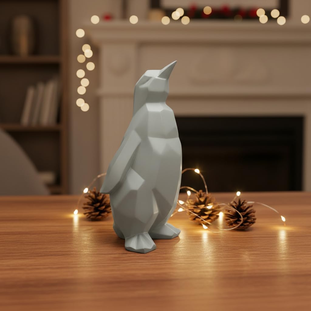 Comfy Hour 7" Modern Penguin Figurine, Scandinavian Animal Decor, Minimalist Geometric Statue for Home Office, White Polyresin Artisan Crafted Sculpture, 1 Unit