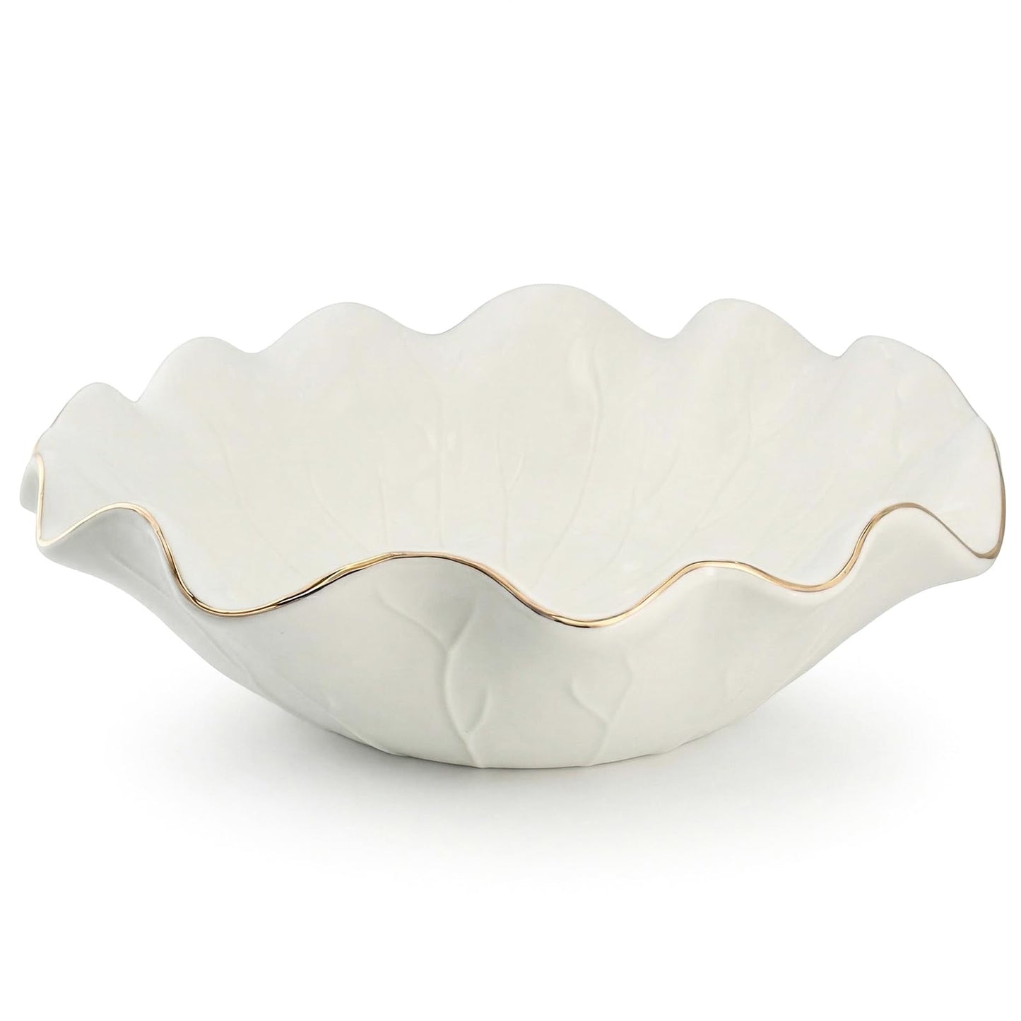 Afadorable 10 Inch White Shallow Handmade Ceramic Lotus Leaf Bowl with Gold Rim, Large Decorative Fruit Bowl for Kitchen Counter, Coffee Table Decor, Dining Table Centerpiece & Entryway Key Bowl