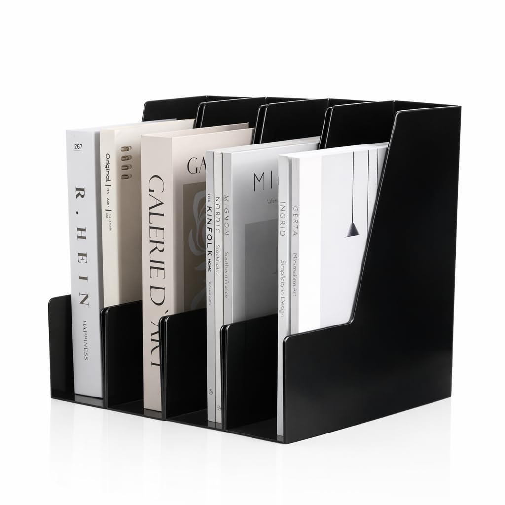 CiWiVOKi Vertical Magazine File Holder, Desk Organizer and Storage for Magazines, Binders, Notebooks, Envelopes, Multi-Purpose Desktop File Organizer for Home, Office & Classroom, 4 Pack, Black