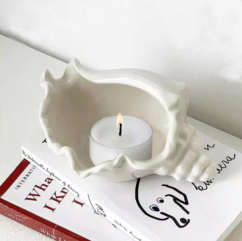 QIAOIDEA Conch Shell Tea Light Candle Holder, Shell Jewelry Dish, Ocean Coastal Beach Themed Ceramic White Sea Shell Jewelry Tray Dish Candy Dish Key Holder for Table Home Party Décor
