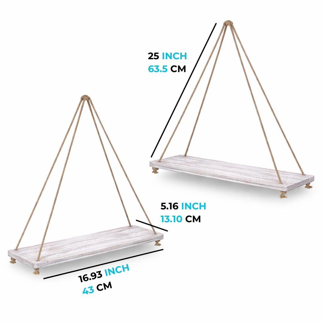Comfify Hanging Shelves for Wall - Set of 2 – Rustic Farmhouse Boho Shelves with String – 17”x5.2” – Thick Distressed, Torched Look Real Wood - Rustic White