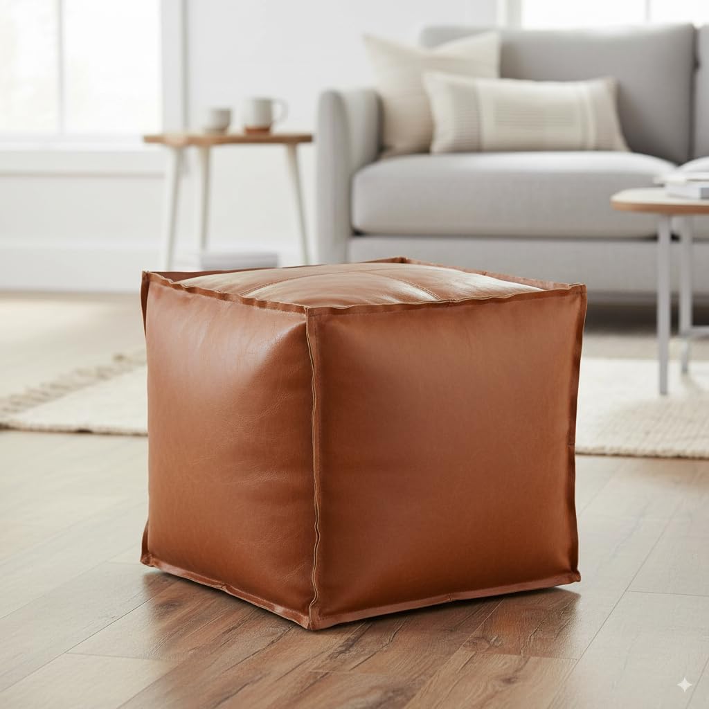 Unstuffed Pouf Ottoman Cover – 17.5in Square Handmade Moroccan Faux PU Leather Ottoman Cover – Tear-Resistant Waterproof Pouf Cover Only, No Filler, for Living Room, Bedroom, Dorm, Office – Brown