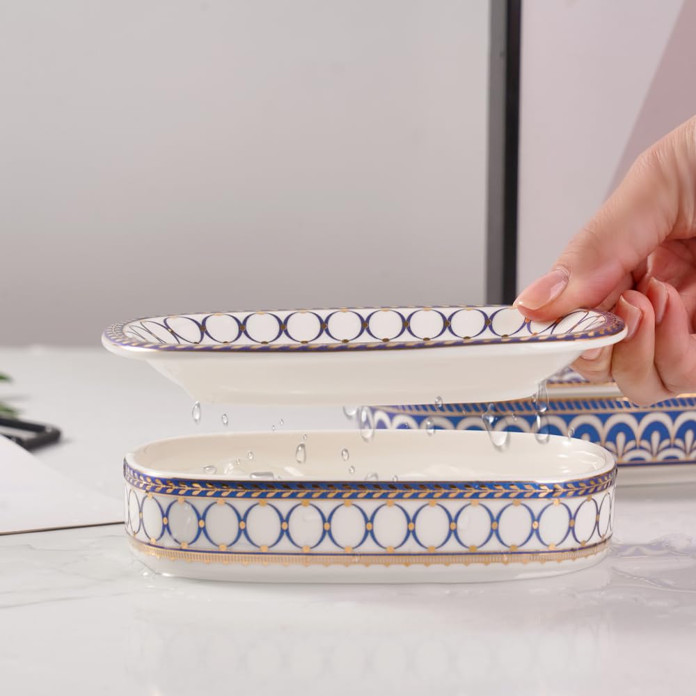 Self Draining Soap Dish, Double-Layer Bar Soap Tray, White Ceramic Soap Dish with Elegant Patterns (Style B)