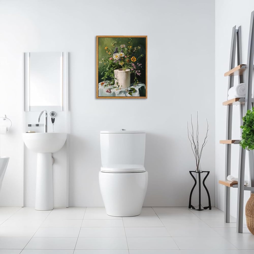 AtterrirArt Framed Funny Bathroom Wall Art, Toilet Paper Picture Painting Print, Vintage Moody Floral Wall Decor, Toilet Canvas Wall Art, Ready To Hang, 12 * 16 Inches