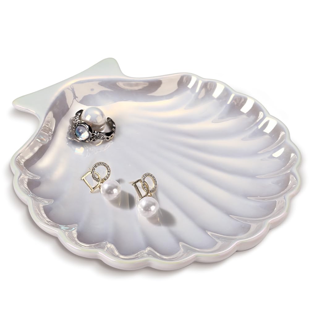 AISBUGUR Shell Ring Holder Dish, Shell Jewelry Tray, Trinket Dish, Cute Decorations for Coastal Home Decor, Bathroom Decor, 5.5", White