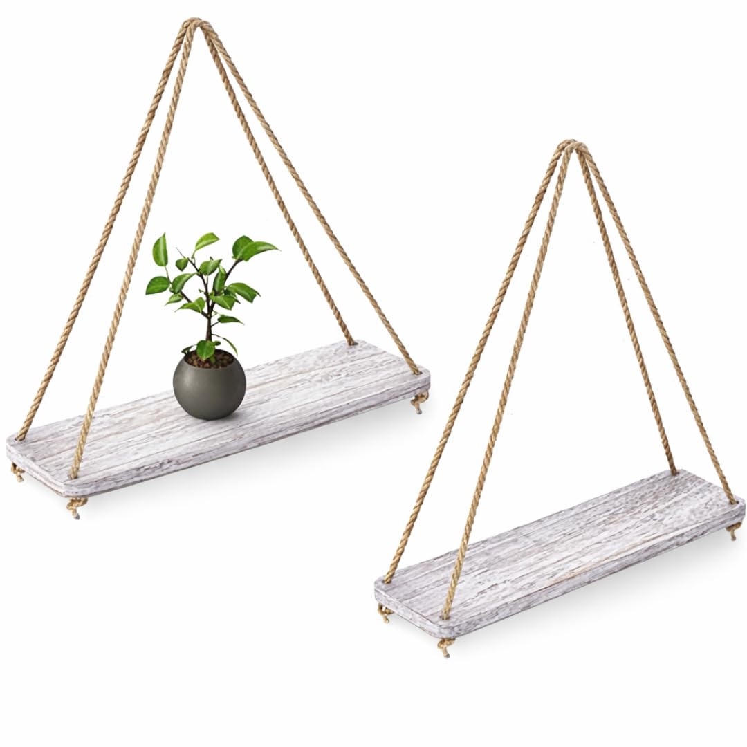 Comfify Hanging Shelves for Wall - Set of 2 – Rustic Farmhouse Boho Shelves with String – 17”x5.2” – Thick Distressed, Torched Look Real Wood - Rustic White