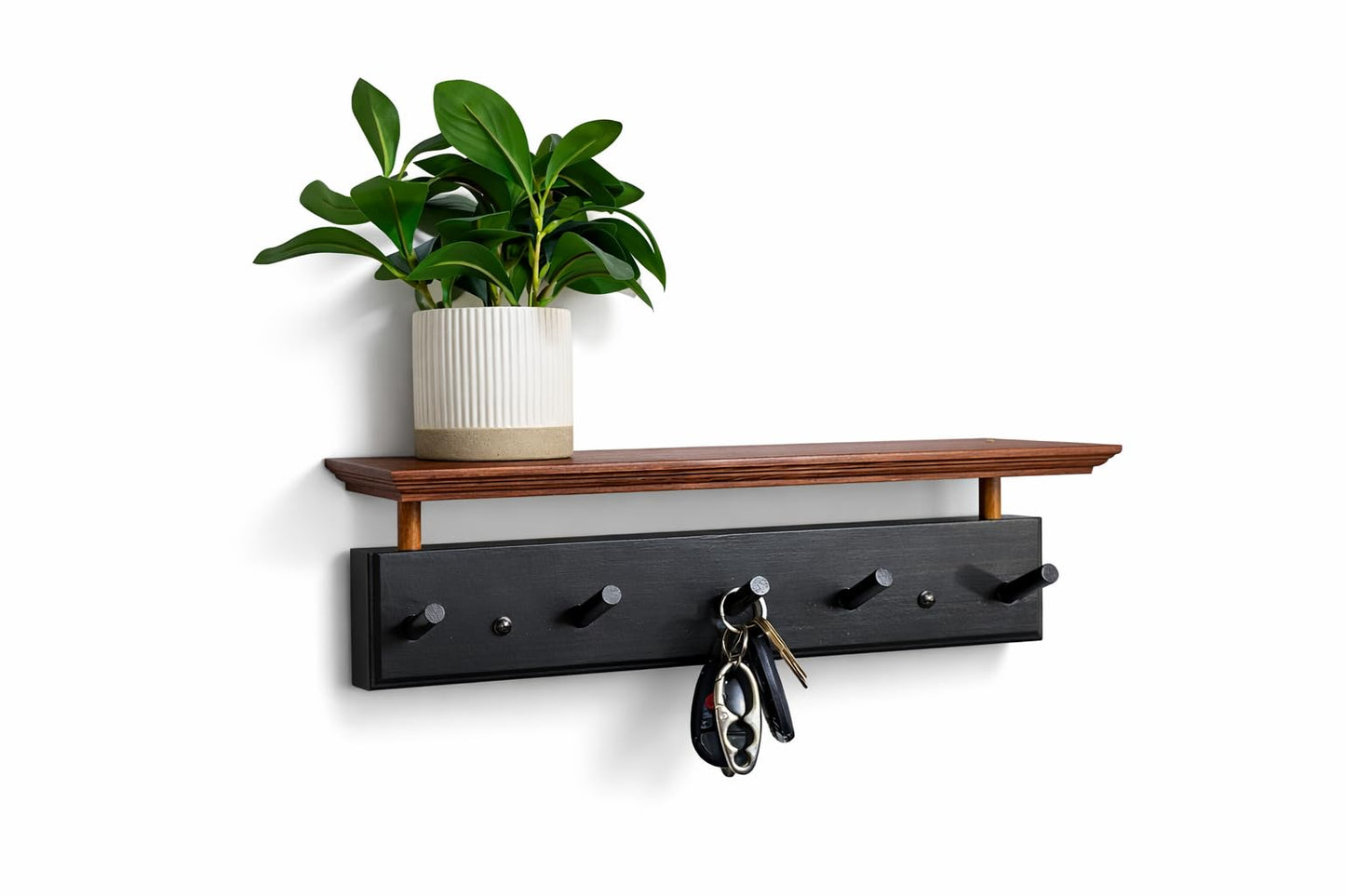 Matías Coat Rack Wall Mount with Shelf, 18 Inch Solid Wood Peg Rail, Wall Mounted Coat Rack with 5 Hooks, Wall Mount Shelf for Entryway, Bathroom or Bedroom (Black and Natural Wood)