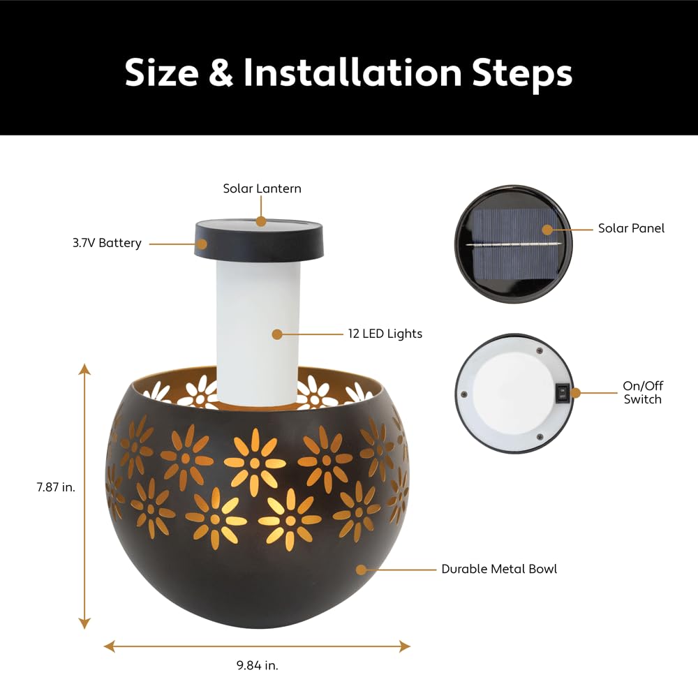 Solar Fire Bowl (1-Pack) Outdoor Waterproof Solar Lanterns - Metal Porch Lights with Flickering Flame for Tabletop, Patio, Garden & Landscape Decor (Bronze/Copper)
