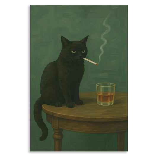 Black Cat Canvas Wall Art, Moody Dark Green Cat Painting Poster, Vintage Whimsical Animal Picture, Whiskey Print Bar Cart Wall Decor, Dark Humor Art for Kitchen Living Room 12x16in Unframed