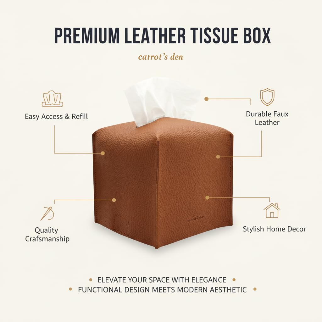 Tissue Box Cover Holder, Square with Bottom Belt by Carrot's Den - PU Leather Decorative Organizer for Tabletop, Bathroom, Car, Office | Camel
