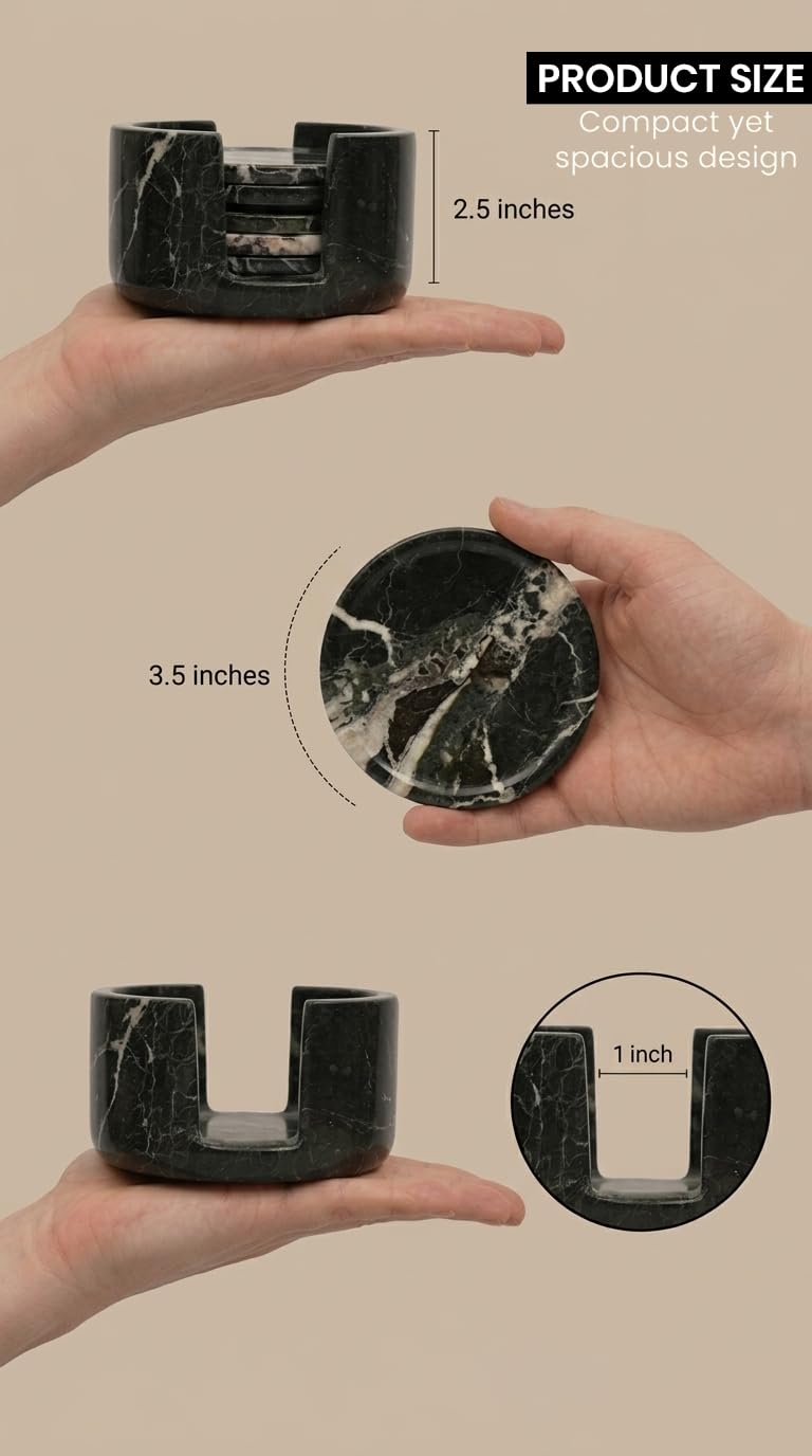 Marble Coasters Set of 6 with Holder, 3.5 Inch Round Drink Coasters for Tabletop and Coffee Table Decor (Black Zebra)