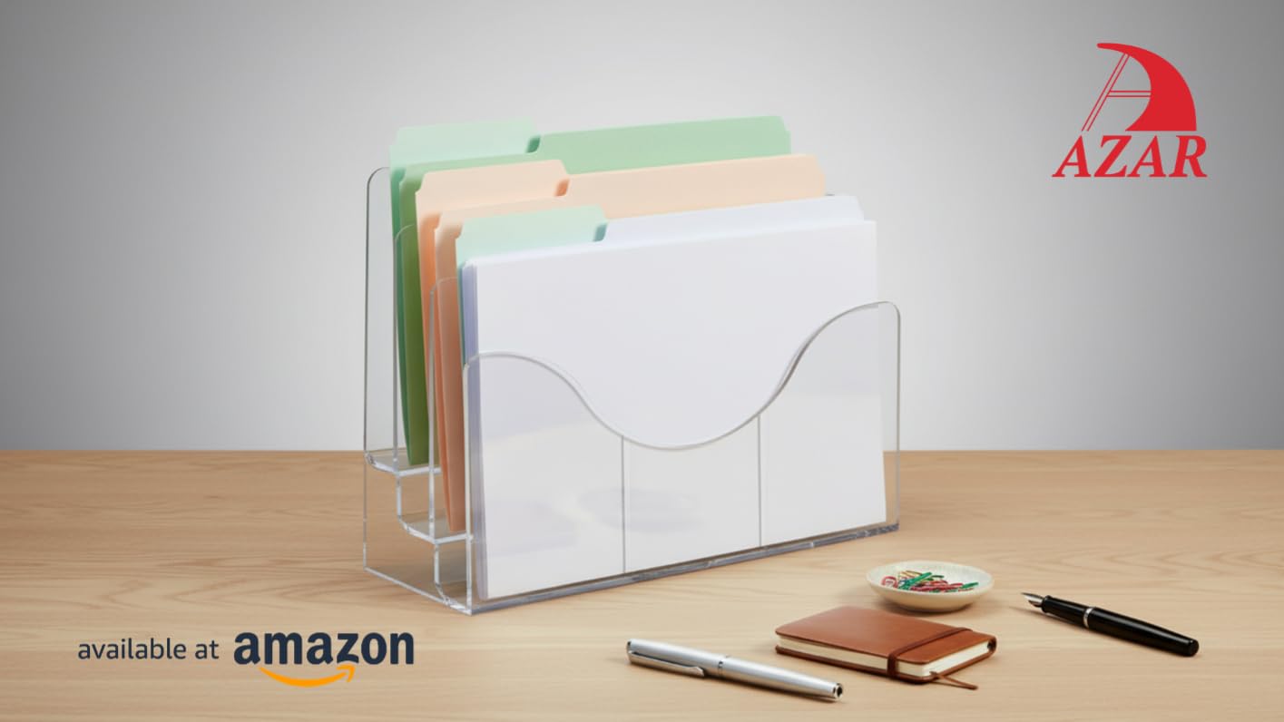 Azar Displays 250099 Three Tier File and Brochure Desktop Wall Organizer Holder with Dividers Brochure Display Stand Acrylic Holder, Fits 8.5" x 11" Files, Clear, 1 Pack