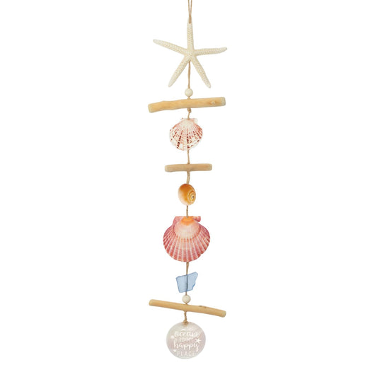 Coastal Wall Decor – Beach Wall Art Handcrafted with Driftwood,Starfish,Conch,Seaglass & Seashells, Ocean Nautical Wall Hanging for Beach Bedroom, Bathroom, Living Room & Dorm Coastal Decor(Colorful Style- Ocean is my happy)