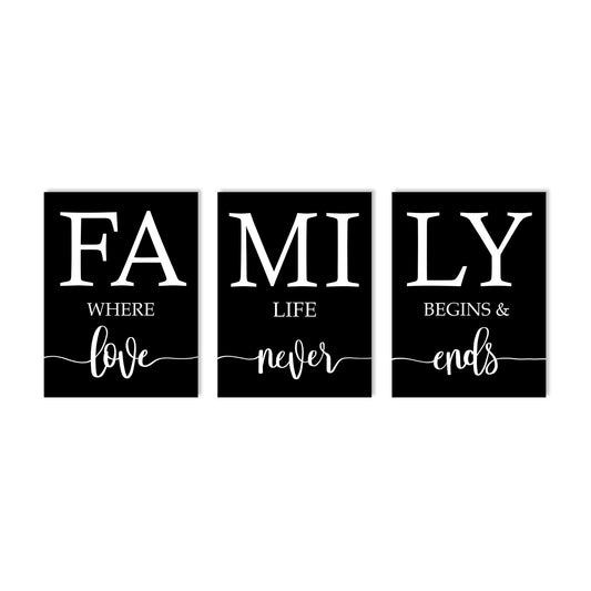 Family Where Life Begins And Love Never Ends Wall Art:3 Piece Love Quotes Wall Decor Above Bed,Modern Minimalist Family Signs Country Farmhouse Decor for Living Room Bedroom 12"x16"