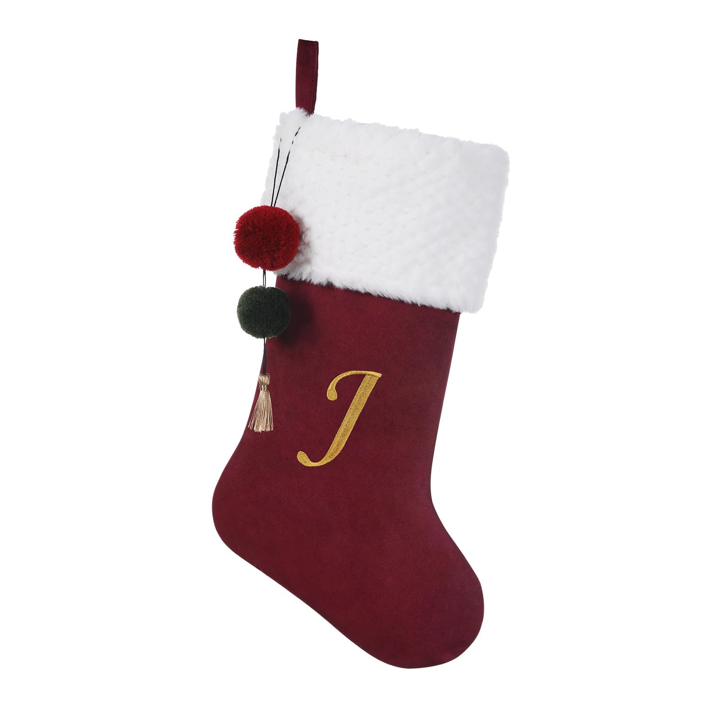 Pxniy 19.5 inches Personalized Velvet Christmas Stocking,Initials Embroidered Letter Christmas Stocking with pom poms, for Fireplace Hanging Decor and Xmas Gift(Burgundy J)