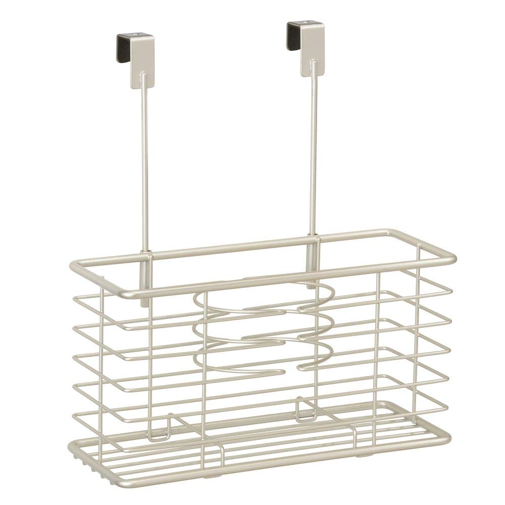 mDesign Steel Over Cabinet/Door Hair Dryer Holder Storage, Hair Styling Tool Organizer Basket for Bathroom - Blow Dryer, Flat Iron, Curling Wand, Straightener, Linelle Collection - Satin