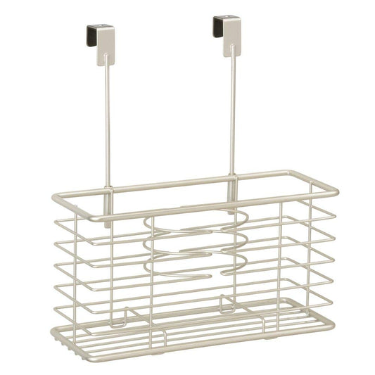 mDesign Steel Over Cabinet/Door Hair Dryer Holder Storage, Hair Styling Tool Organizer Basket for Bathroom - Blow Dryer, Flat Iron, Curling Wand, Straightener, Linelle Collection - Satin