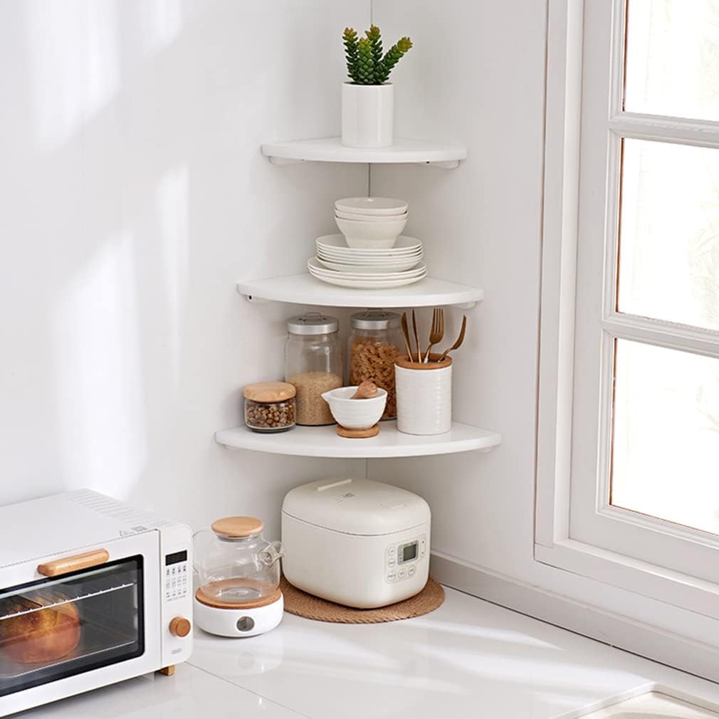 Conamily Corner Shelf, White Solid Oak Wood Floating Corner Shelves Wall Mount Round End Floating Speaker Rack Display Shelf for Small Plant Photo Frame (White, 7in)
