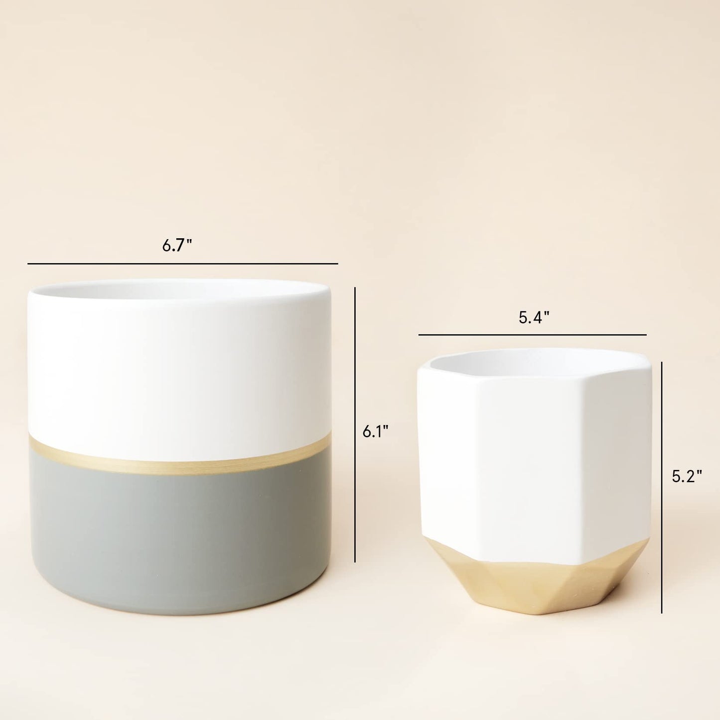 LA Jolie Muse White Ceramic Flower Pot Garden Planters 6.7 Inch Pack 2 Indoor Plant Containers with Gold and Grey Detailing