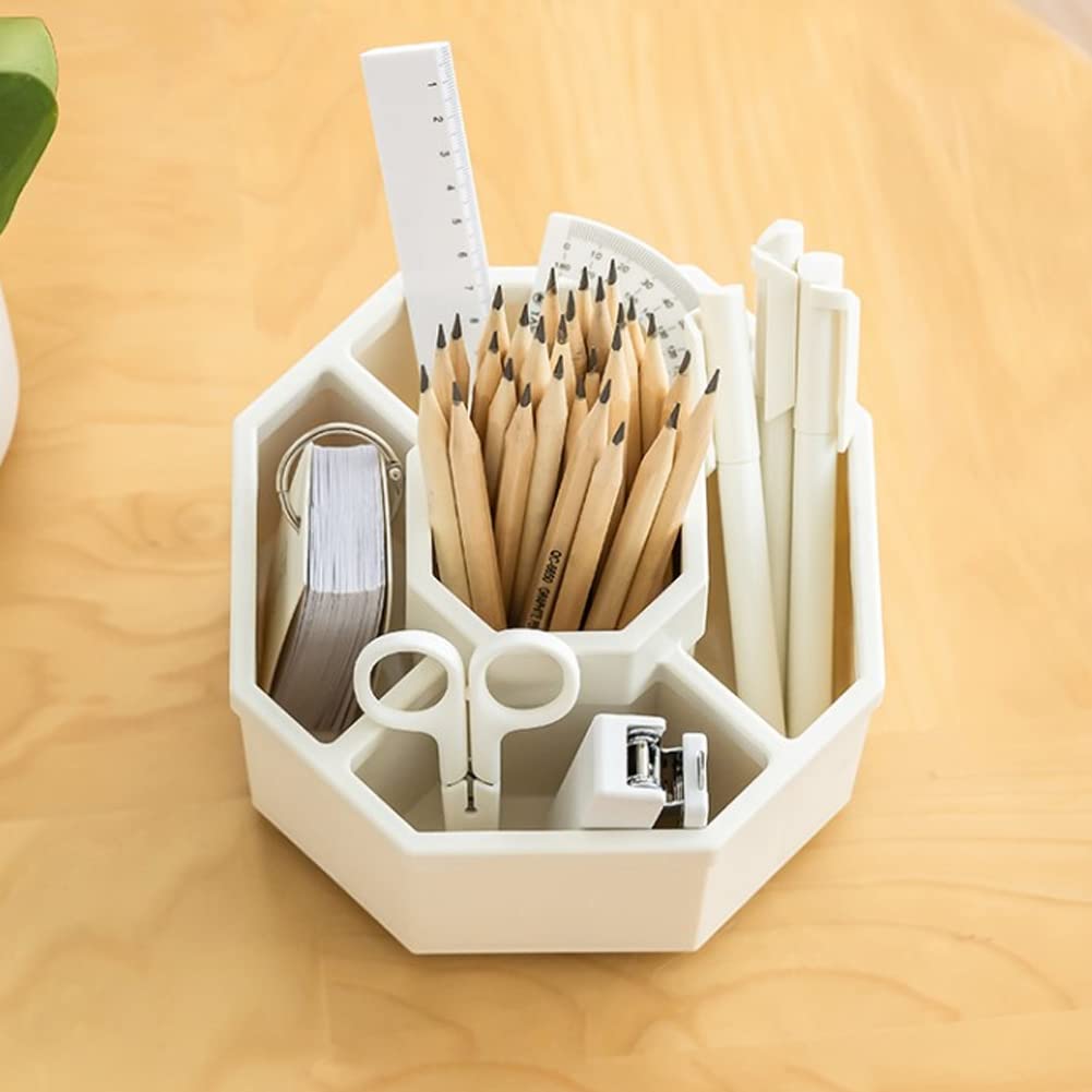kaileyouxiangongsi Desk Organizer, 360-Degree Rotating Multi-Functional Pen Holder, 5 Compartments Desktop Stationary Organizer, Home Office Art Supply Storage Box Caddy (White)