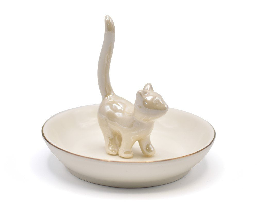 ROSA&ROSE Cat Ring Holder Trinket Tray Ceramic Jewelry Dish Decorative Ring Holder/Trinket Tray Engagement Wedding Birthday Gifts for Women Her(Pearl White)