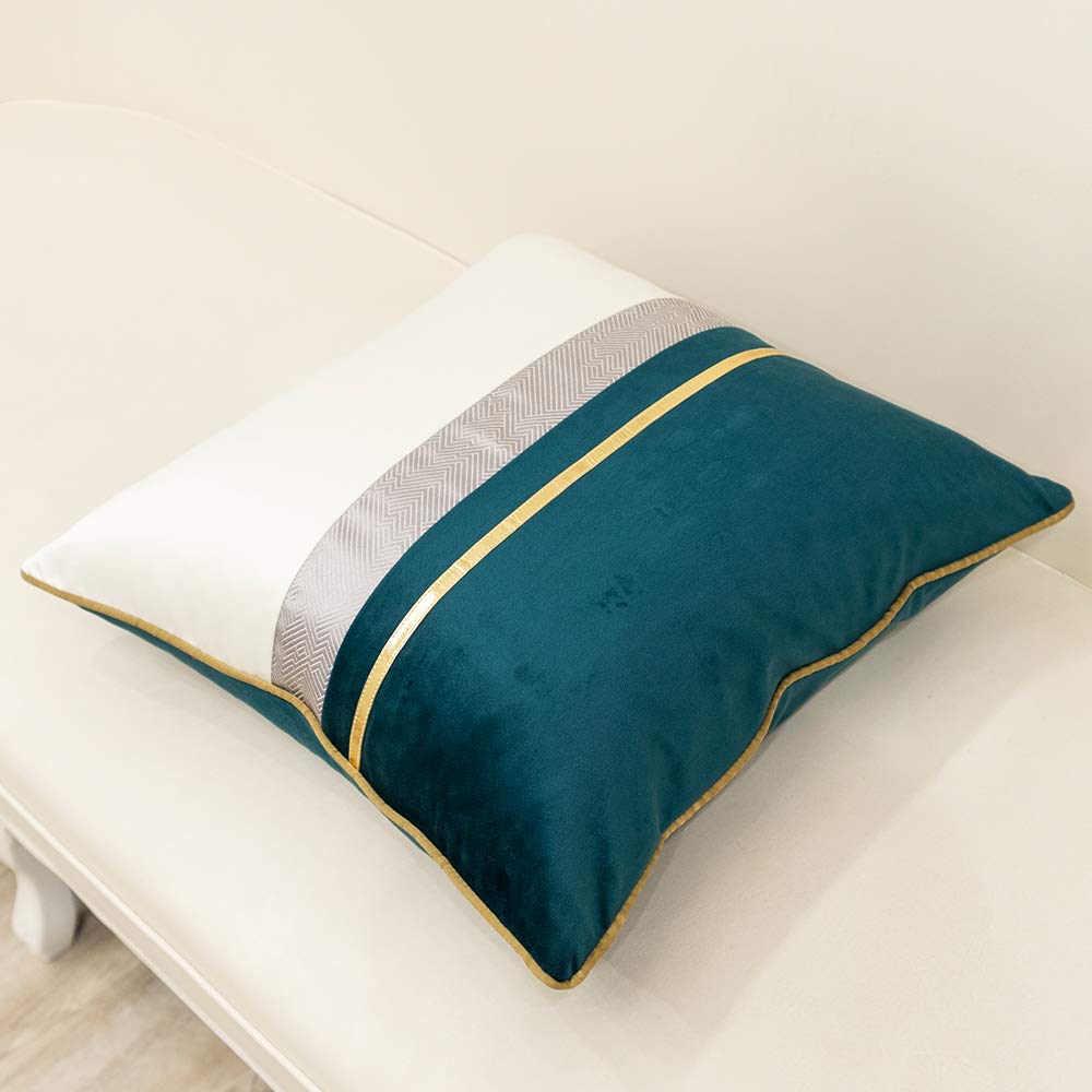 Avigers 20 x 20 Inches Teal White Gold Leather Striped Patchwork Velvet Cushion Case Luxury Modern Throw Pillow Cover Decorative Pillow for Couch Living Room Bedroom Car