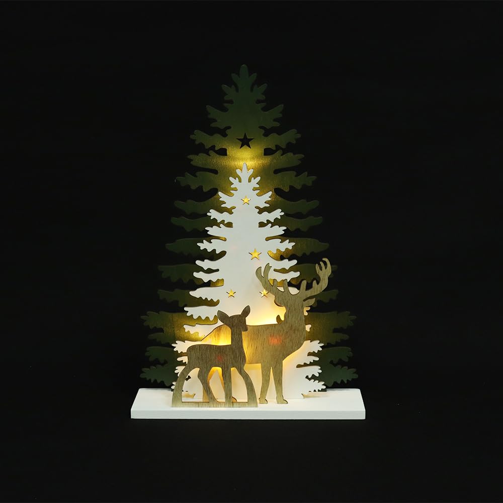 Lighted Christmas Tabletop Decorations,Supergorea,Wooden Christmas Tree and Deer Table Decor,LED Wood Craft Light 2AA Battery Powered 12.7 inch for Xmas Home Decoration(Indoor)