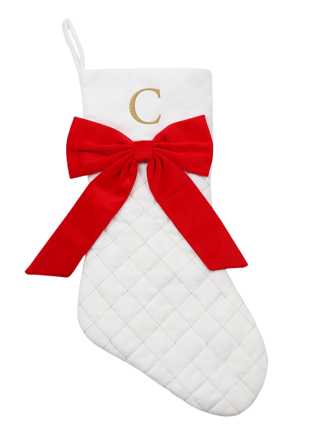 Personalized White Christmas Stockings with Initials, 20 Inch Large Xmas Stocking with Gold Embroidered and Red Bow, Hanging Stocking Decorations for Christmas Tree Fireplace Holiday Party(C)