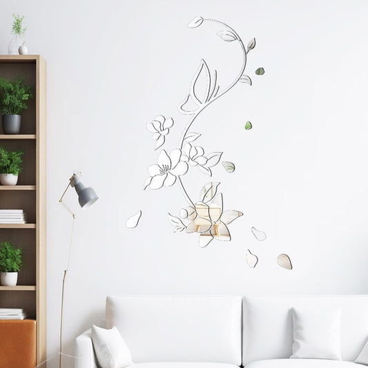 Mulaibdin Acrylic Mirror Floral Wall Stickers Removable Mirror Wall Decor 3D Flower Mirror Stickers DIY Self Adhesive Wall Decoration for Living Room Bedroom Wall Art Decals Silver
