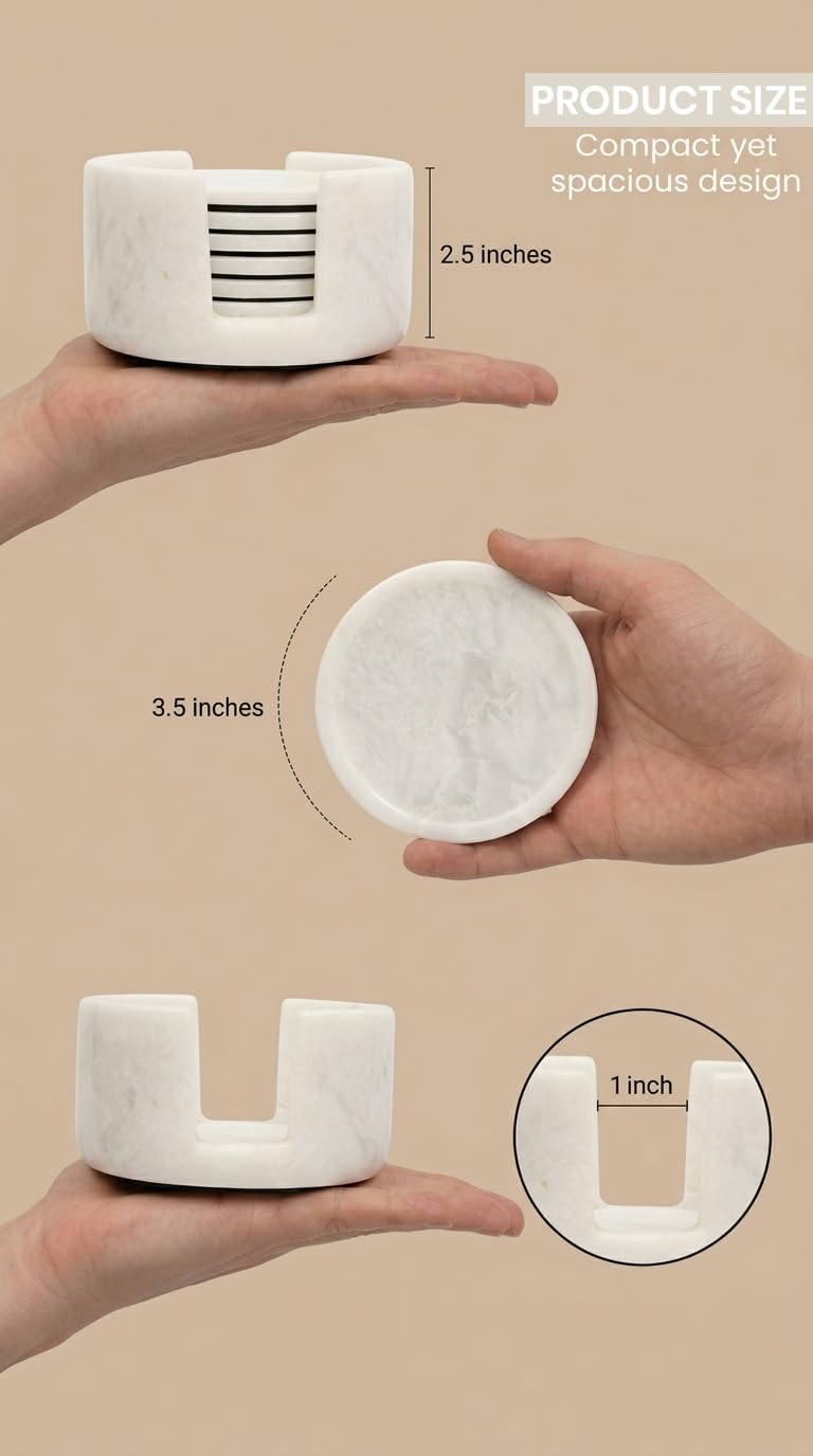 Marble Coasters Set of 6 with Holder, 3.5 Inch Round Drink Coasters for Tabletop and Coffee Table Decor, White