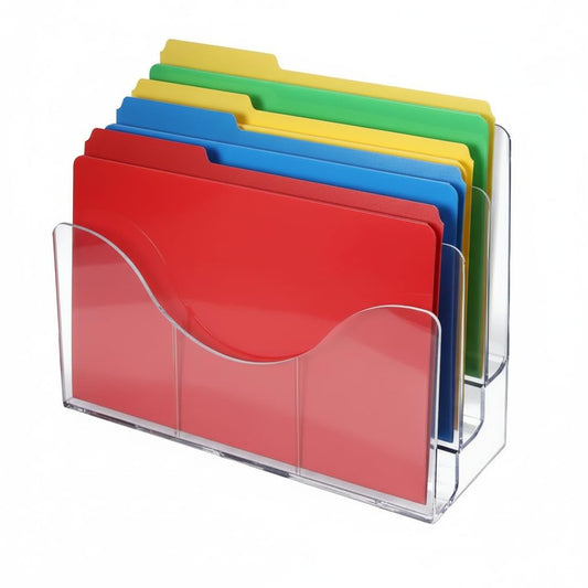 Azar Displays 250099 Three Tier File and Brochure Desktop Wall Organizer Holder with Dividers Brochure Display Stand Acrylic Holder, Fits 8.5" x 11" Files, Clear, 1 Pack