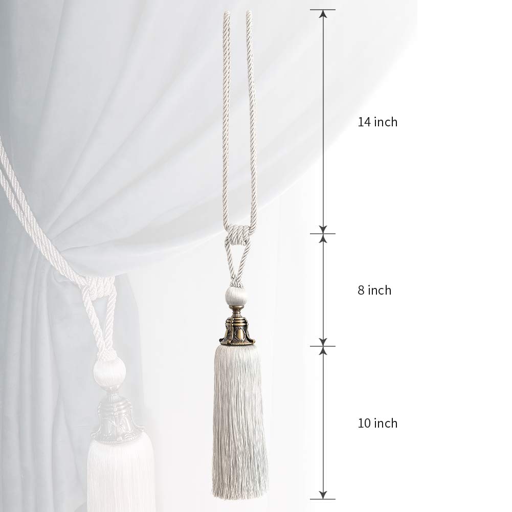 Melodieux Decorative Curtain Tiebacks Antique Tassels Holdbacks, Home Office Windows Drapery Fasteners Fringe Ropes, Set of 2 (White)