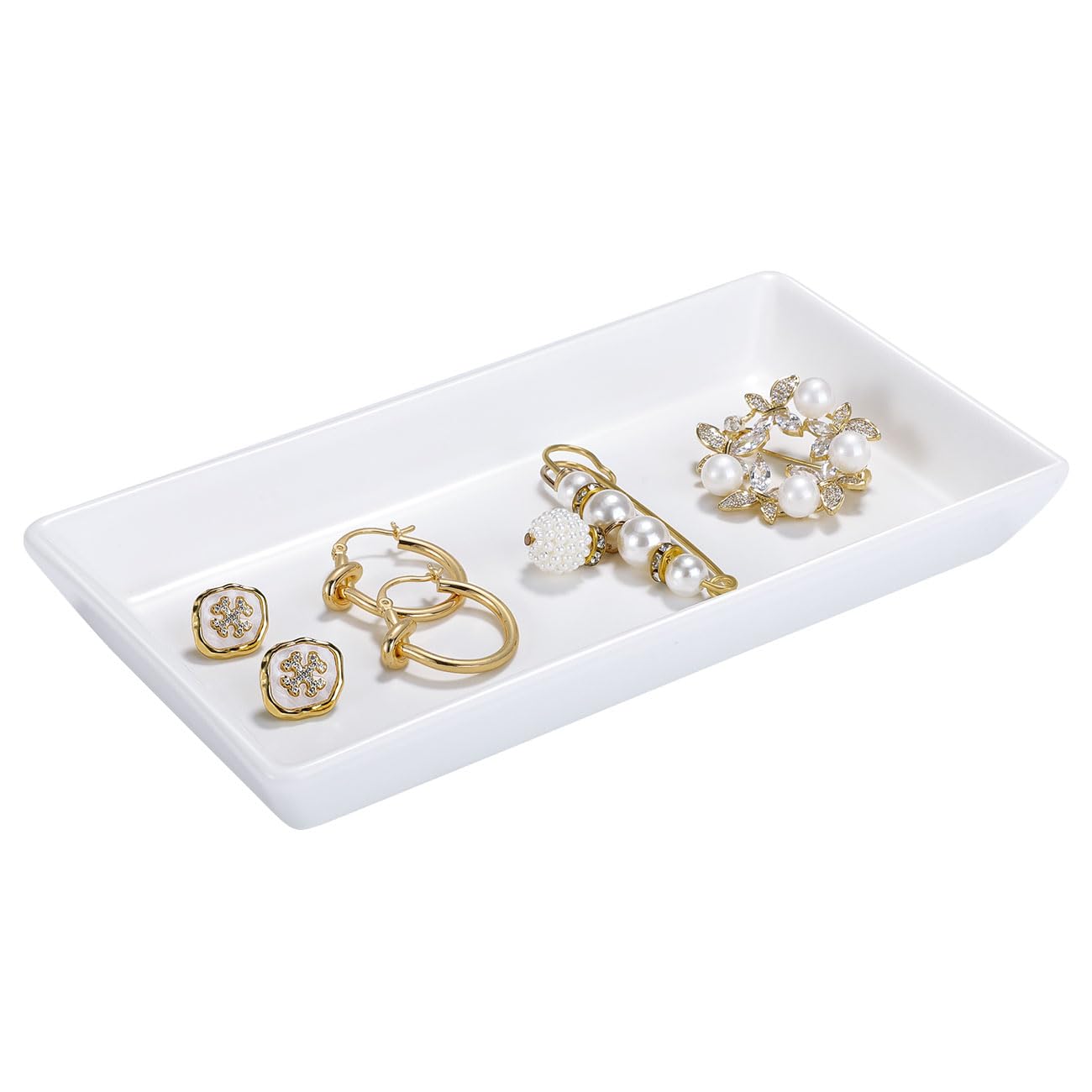 Emibele Jewelry Tray, Small Rectangle Ceramic Vanity Tray Jewelry Dish, Trinket Perfume Tray for Cosmetics, Rings, Bathroom Kitchen Soap, White
