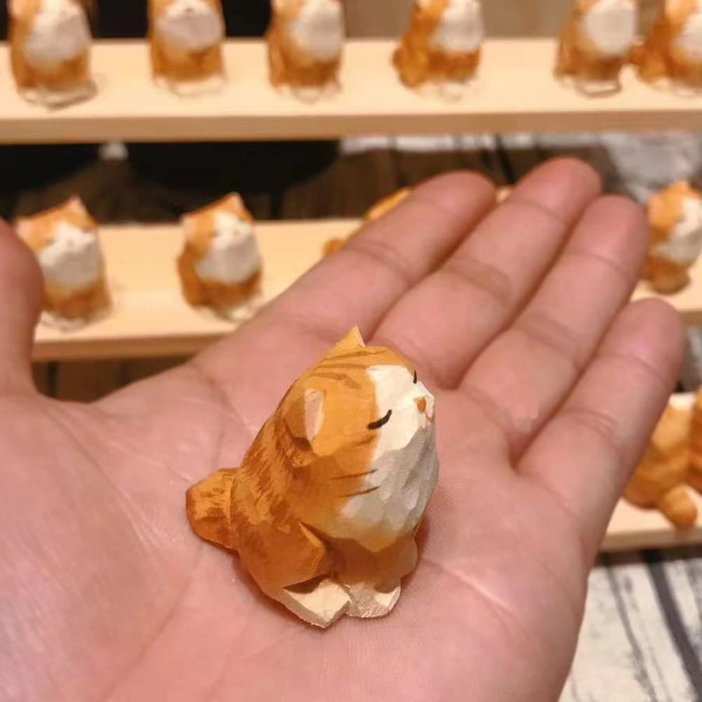 ALHBEJT Wooden Cat Figurines Sculpture Statue Lovely Small Carved Orange Cat Statue Handmade Wood Kitten Art Carving Work for Home Office Decoration (Little Orange Cat)