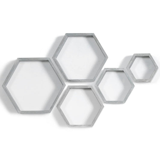 PHOENANCEE Hexagon Floating Shelves,Wall Mounted Wood Farmhouse Storage Honeycomb Wall Shelf Set of 5,for Bathroom, Kitchen, Bedroom, Living Room,Office,Driftwood Finish (Vintage Grey)