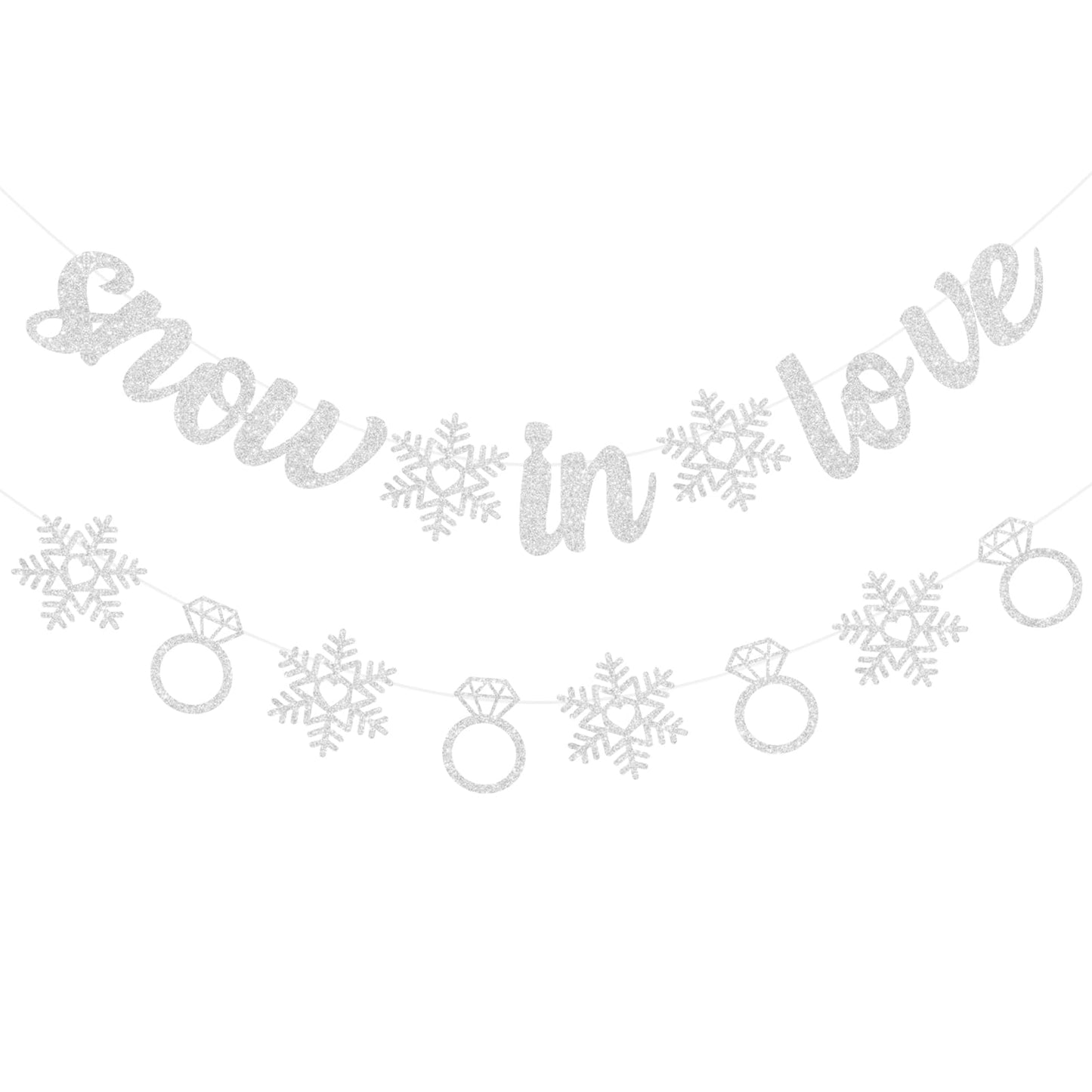 Pre-Strung Snow in Love Banner Glitter Winter Bridal Shower Decorations Banner Snowflake Ring Garland for Winter Christmas Wedding Decor Engagement Party Decorations (Silver)