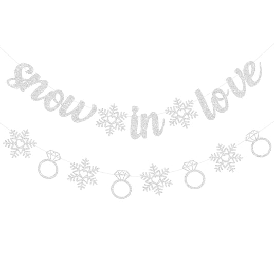 Pre-Strung Snow in Love Banner Glitter Winter Bridal Shower Decorations Banner Snowflake Ring Garland for Winter Christmas Wedding Decor Engagement Party Decorations (Silver)