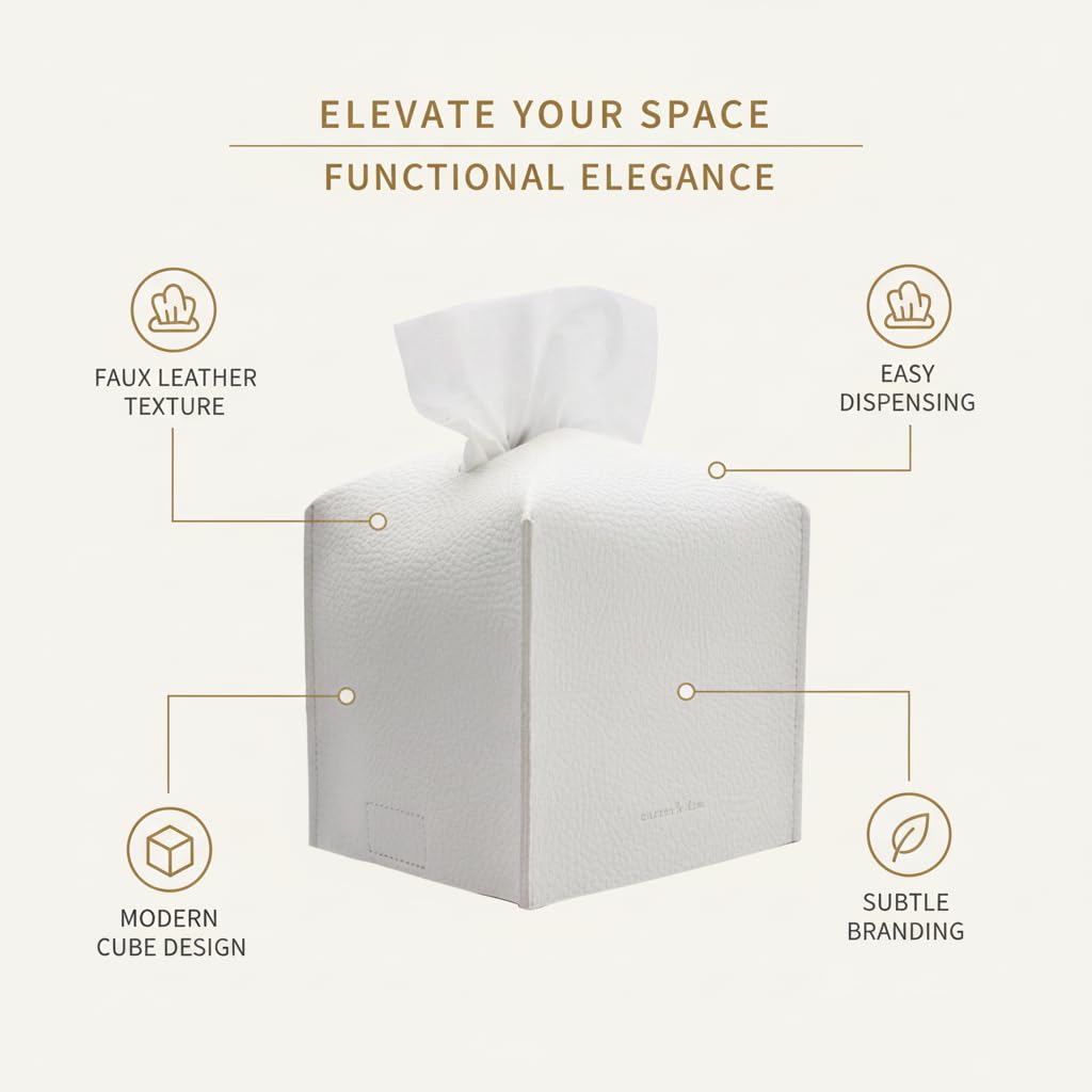 Tissue Box Cover Holder, Square with Bottom Belt by Carrot's Den - PU Leather Decorative Organizer for Tabletop, Bathroom, Car, Office | Pure White