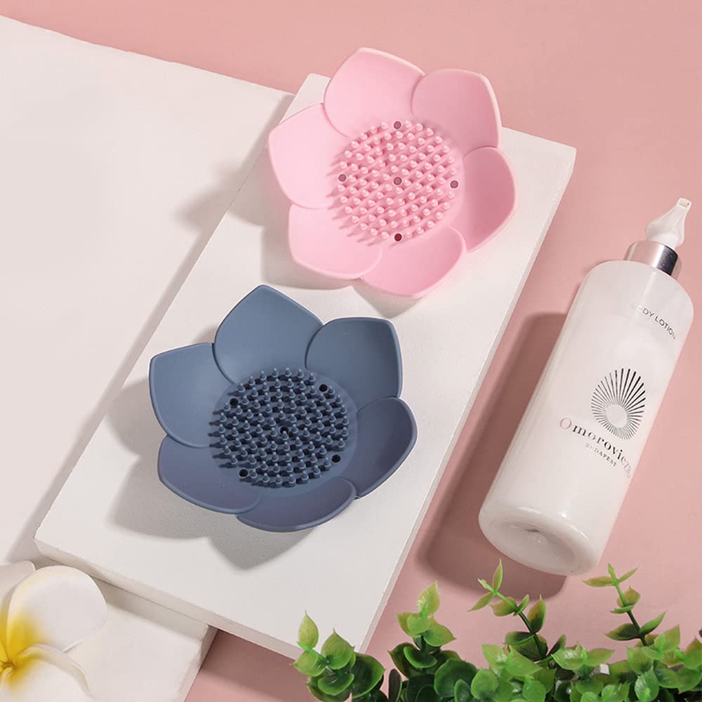 Soap Dishes with Draining, Bathroom Bar Soap Holder for Shower, Soap Tray for Kitchen Sink, Silicone Flower Shape Soap Saver for Counter, Bathtub. Extend Soap Life, Easy Dry (2 Pack, Pink + Blue)