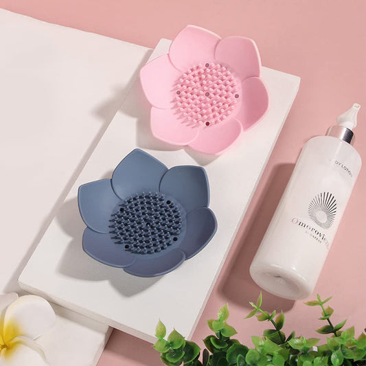Soap Dishes with Draining, Bathroom Bar Soap Holder for Shower, Soap Tray for Kitchen Sink, Silicone Flower Shape Soap Saver for Counter, Bathtub. Extend Soap Life, Easy Dry (2 Pack, Pink + Blue)
