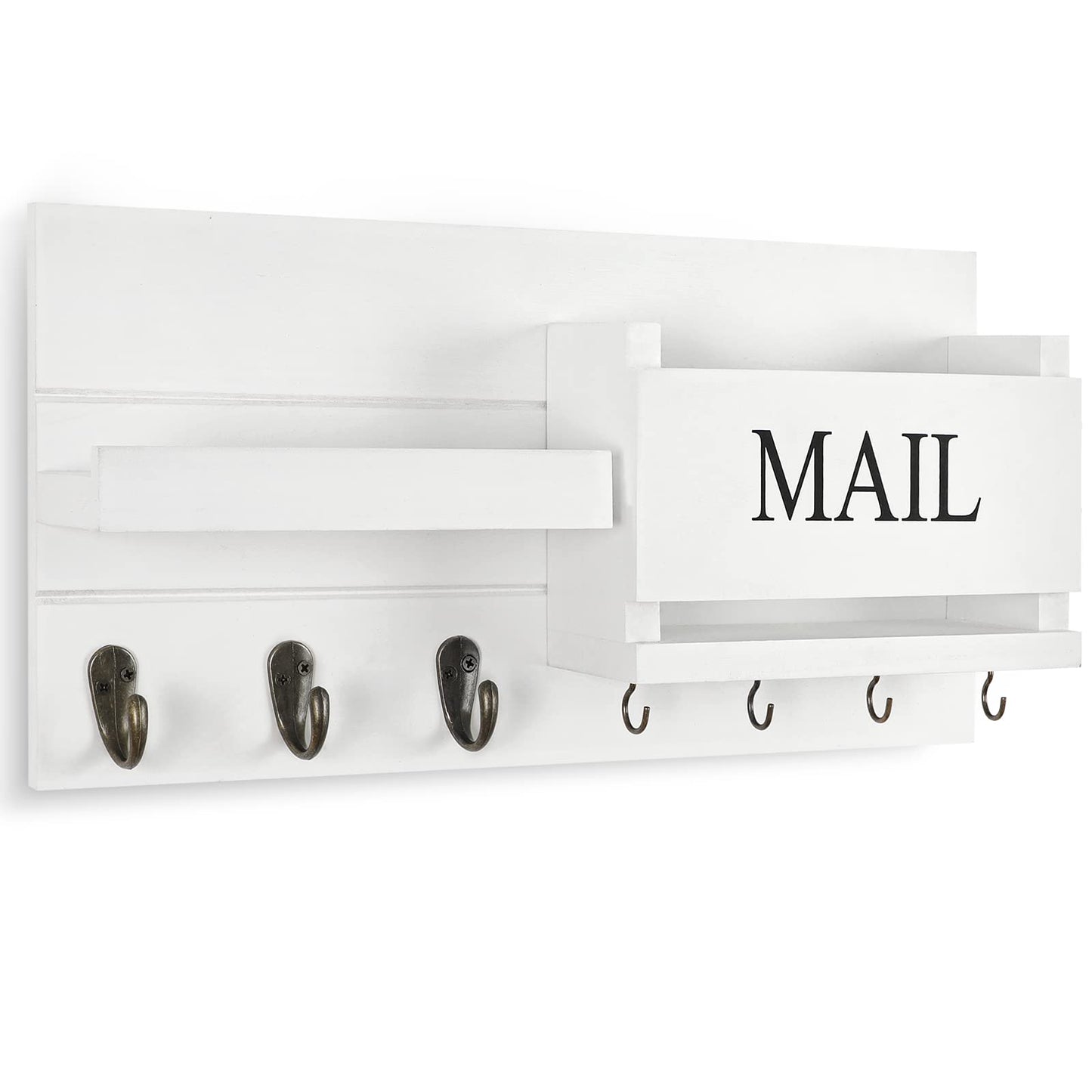 Lwenki Mail Organizer for Wall Mount – Key Holder with Shelf Includes Letter Holder and Hooks for Hallway Farmhouse Decor – Rustic Wood with Flush Mounting Hardware (16.5” x 9.1” x 3.4”) (White)