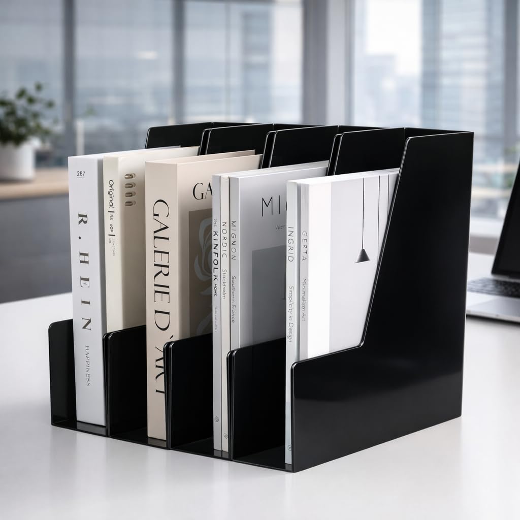 CiWiVOKi Vertical Magazine File Holder, Desk Organizer and Storage for Magazines, Binders, Notebooks, Envelopes, Multi-Purpose Desktop File Organizer for Home, Office & Classroom, 4 Pack, Black