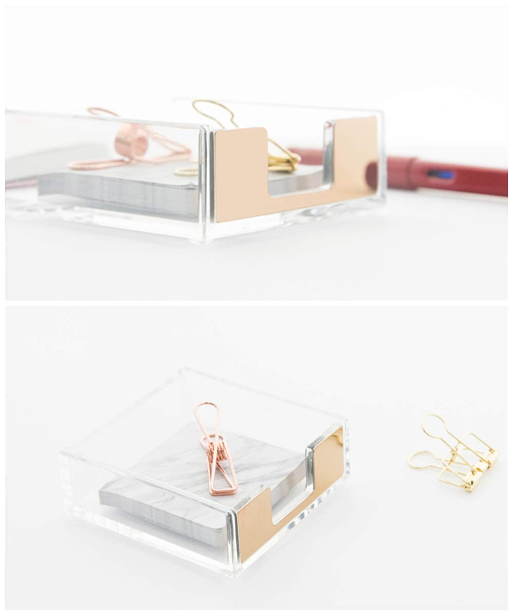 MEI YI TIAN Gold Memo Pad Holder Pencil Cup Set Self-Stick Notes Cube Tray Glitter Desktop Accessories Dispenser for Office Home School Stationery Makeup Brush Organizers (Gold & Clear)