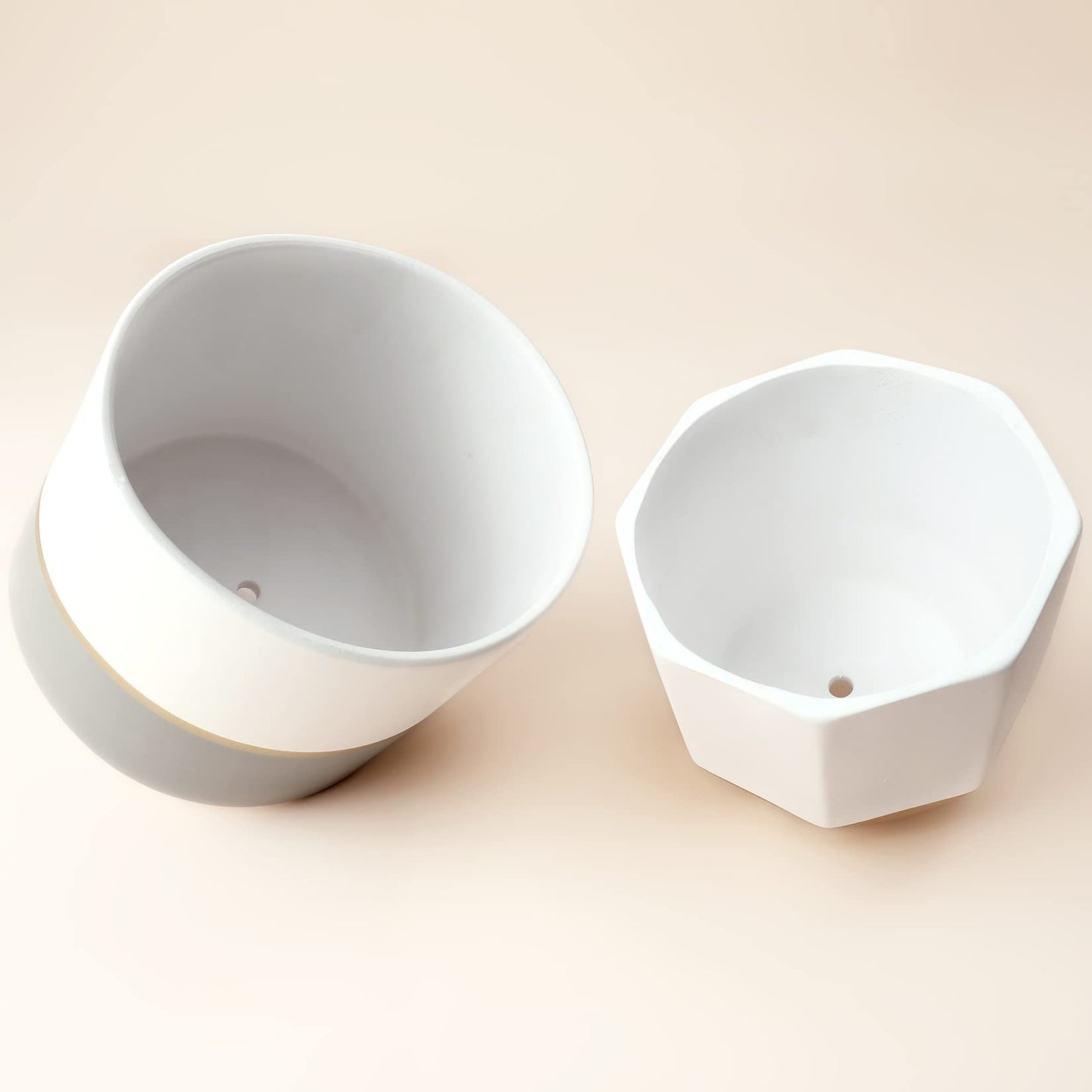 LA Jolie Muse White Ceramic Flower Pot Garden Planters 6.7 Inch Pack 2 Indoor Plant Containers with Gold and Grey Detailing