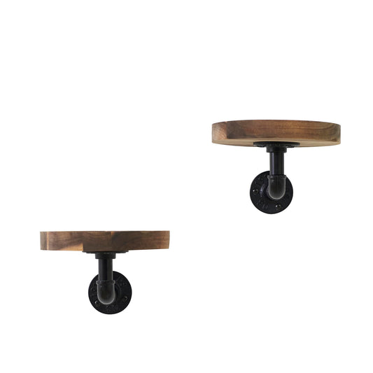 Un-OPENED BOX Round Wooden Floating Shelves Wall Mounted (Set of 2). Made of Acacia Wood. Industrial Pipe Brackets. A Unique Rustic Pedestal for Plants and Ornaments. Diameter 7.1 inches.