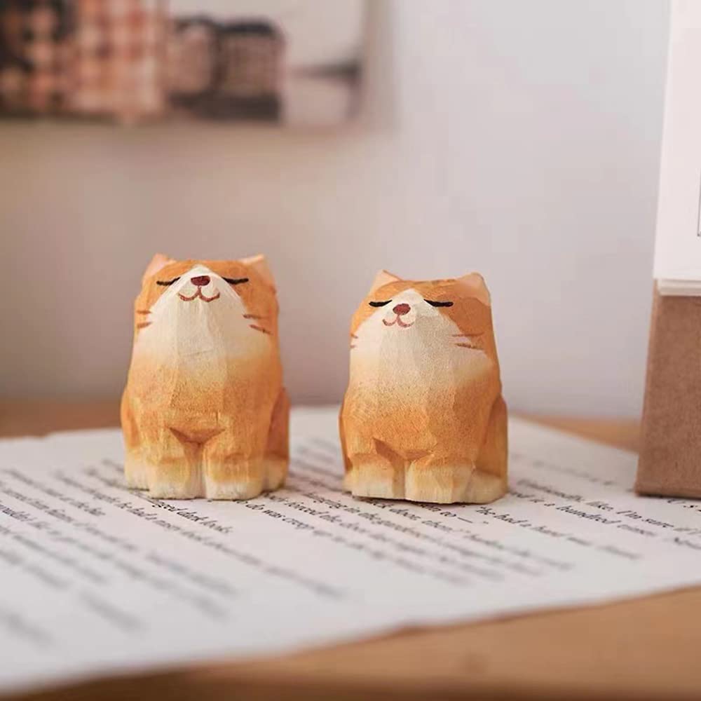 ALHBEJT Wooden Cat Figurines Sculpture Statue Lovely Small Carved Orange Cat Statue Handmade Wood Kitten Art Carving Work for Home Office Decoration (Little Orange Cat)
