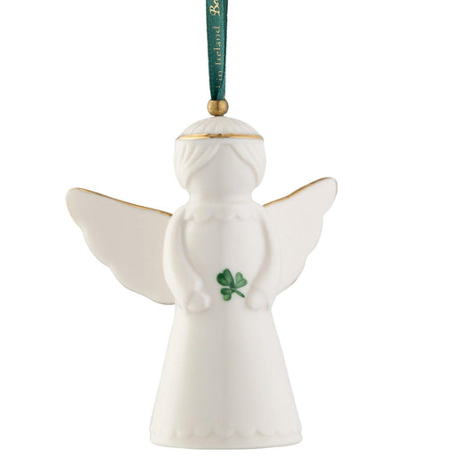 Belleek Classic Irish Angel with Shamrock Hanging Ornament, 3.5-Inch Handpainted Porcelain Christmas Decoration