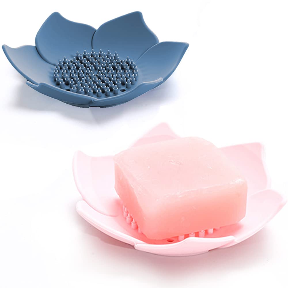 Soap Dishes with Draining, Bathroom Bar Soap Holder for Shower, Soap Tray for Kitchen Sink, Silicone Flower Shape Soap Saver for Counter, Bathtub. Extend Soap Life, Easy Dry (2 Pack, Pink + Blue)